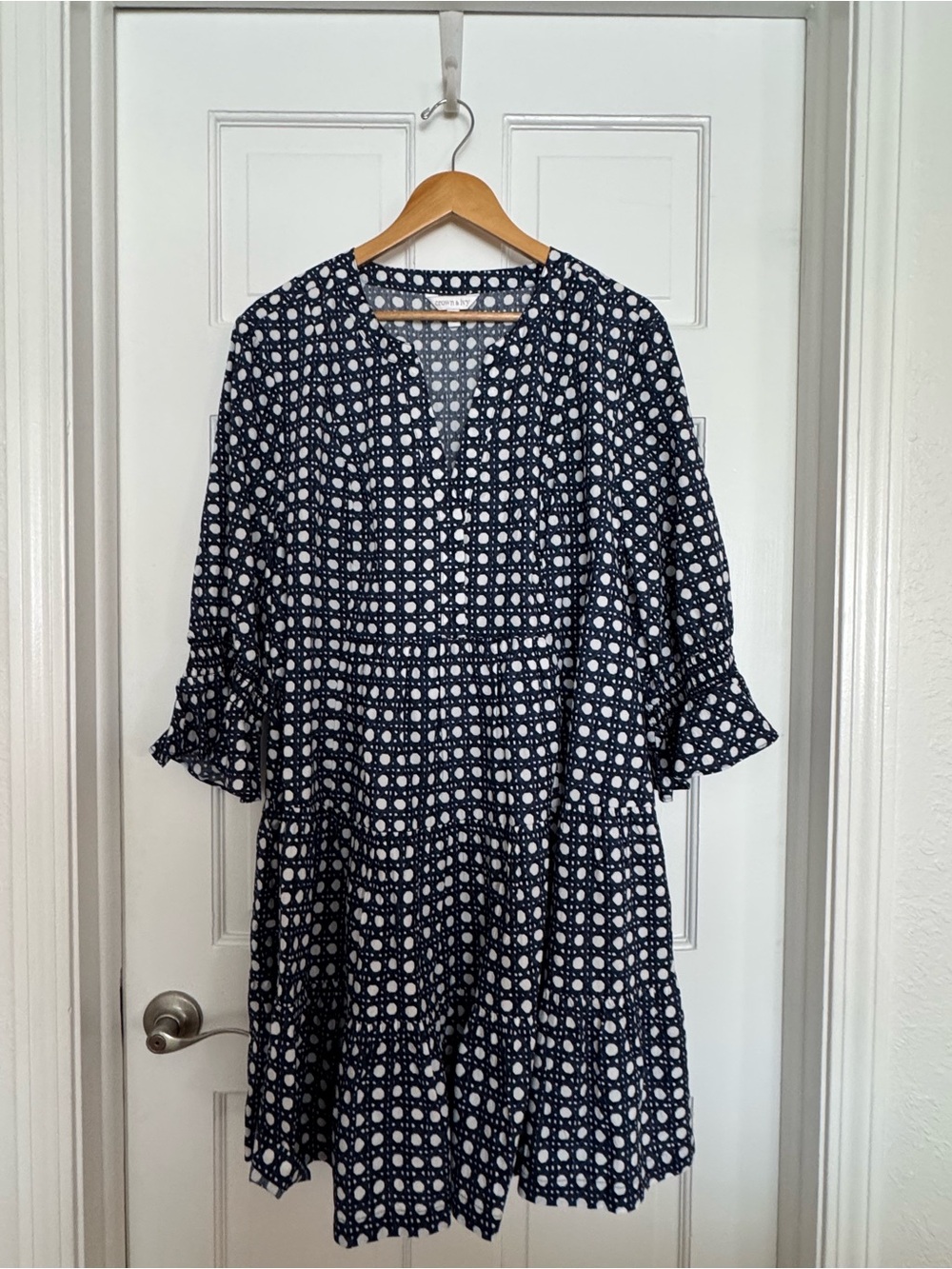 Navy and White Lattice Print Tiered Women's Dress